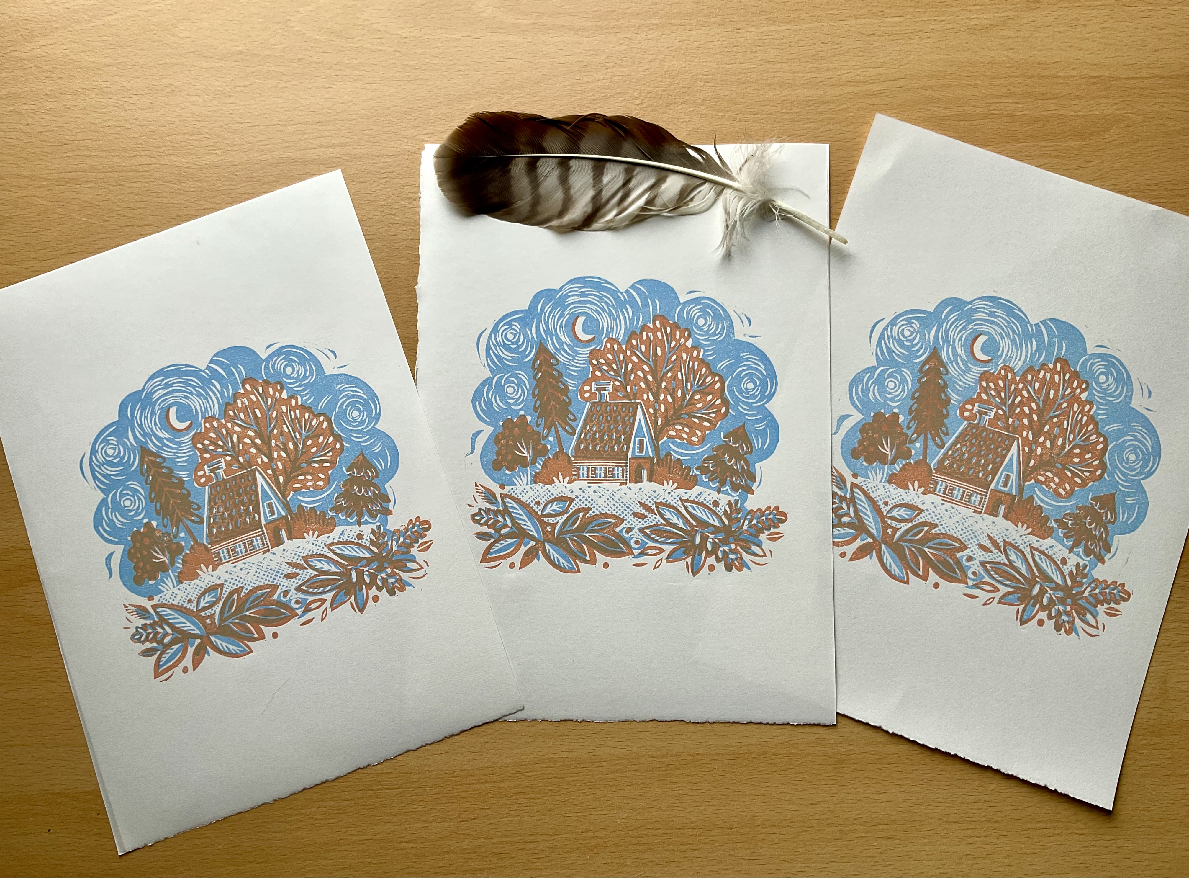 Two colour linocut print – Folk Style Linocuts By MStraccia Art
